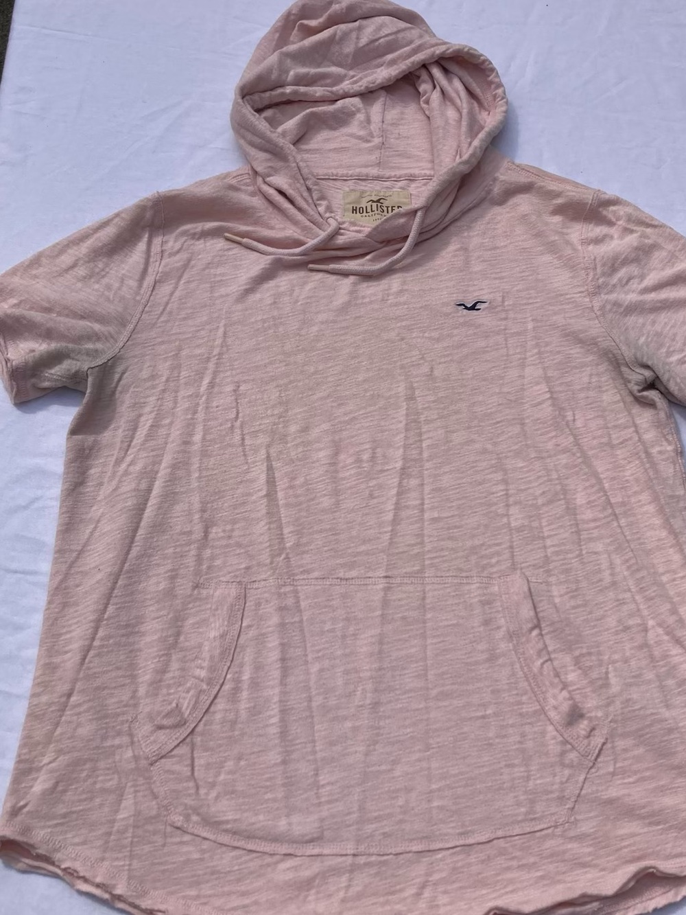 Hollister Heather Beige Distressed Hooded T-shirt Kangaroo Pocket Men's M
